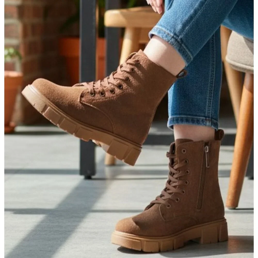 Chunky Sole Brown Faux Suede Combat Boots With Side Zipper & Lace-Up Closure For - Picture 12 of 13